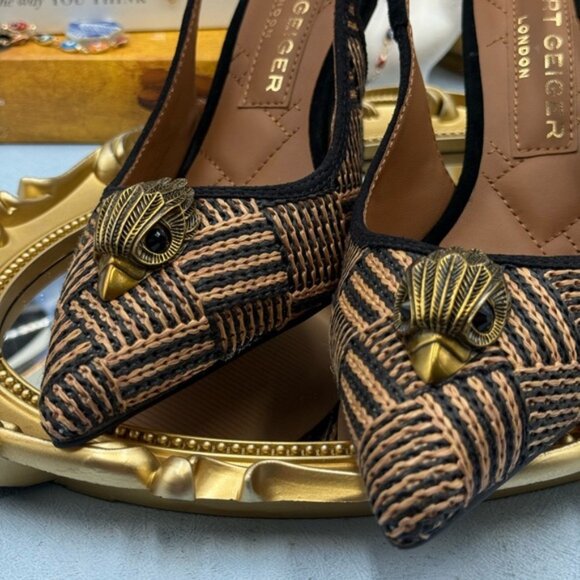 🆕 KURT GEIGER LONDON 🧿 NWOB Belgravia Slingback Heel, Black & Tan Raffia, Sz 6 - Picture 11 of 15